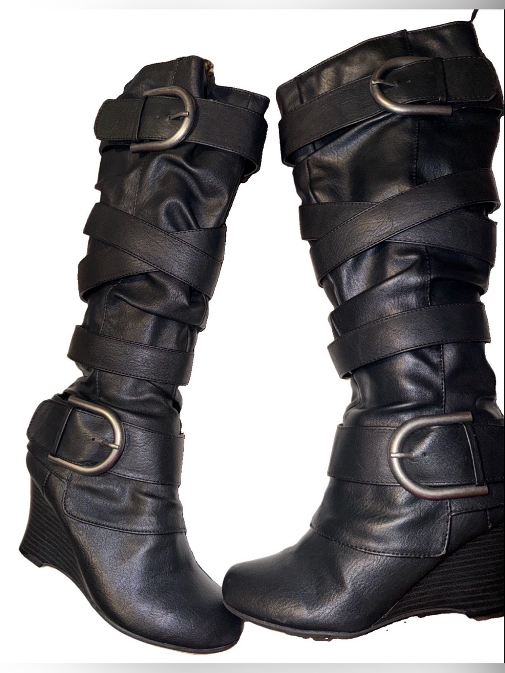 💜UnionBay knee-high Wedge crisscross buckled zip up boots Size:6.5